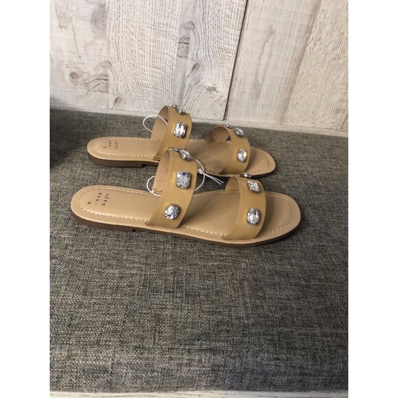 A New Day Womens SIze 9 Sandals Tan Brown Slide On Flats Rhinestones - Picture 2 of 6